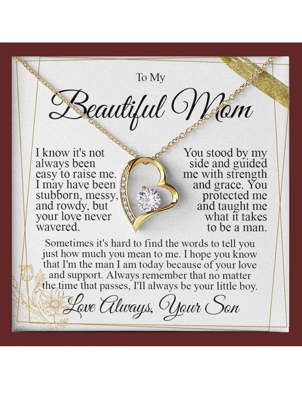 Gold Heart Pendant Necklace for Mom with Clear Crystal